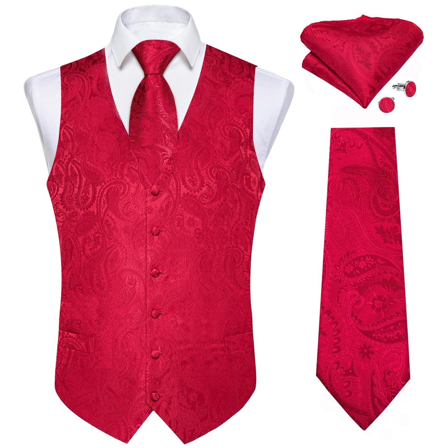 DiBanGu Mens Vest and Tie Set Formal Paisley Waistcoat and Necktie Pocket Square Cufflinks Silk Suit Vest for Tuxedo Wedding