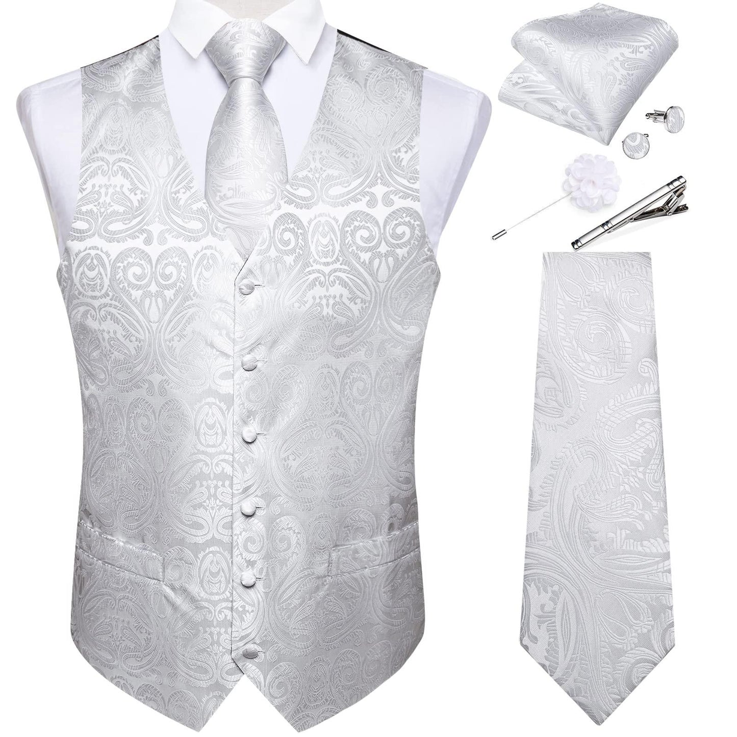 DiBanGu Mens Vest and Tie Set Formal Paisley Waistcoat and Necktie Pocket Square Cufflinks Silk Suit Vest for Tuxedo Wedding