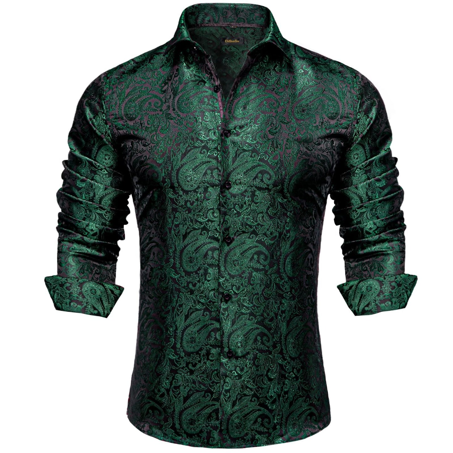 DiBanGu Mens Silk Paisley Dress Shirts,Long Sleeve Button Down Shirt Casual Regular Fit Shirt for Men Wedding Party