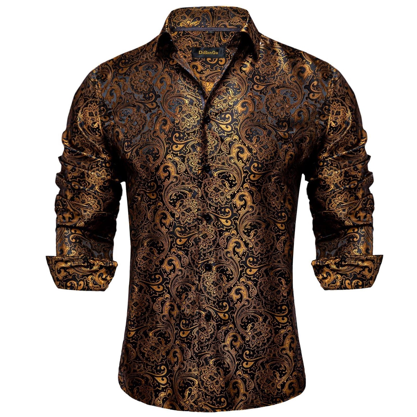 DiBanGu Mens Silk Paisley Dress Shirts,Long Sleeve Button Down Shirt Casual Regular Fit Shirt for Men Wedding Party