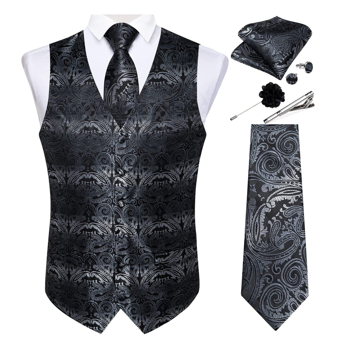 DiBanGu Mens Vest and Tie Set Formal Paisley Waistcoat and Necktie Pocket Square Cufflinks Silk Suit Vest for Tuxedo Wedding