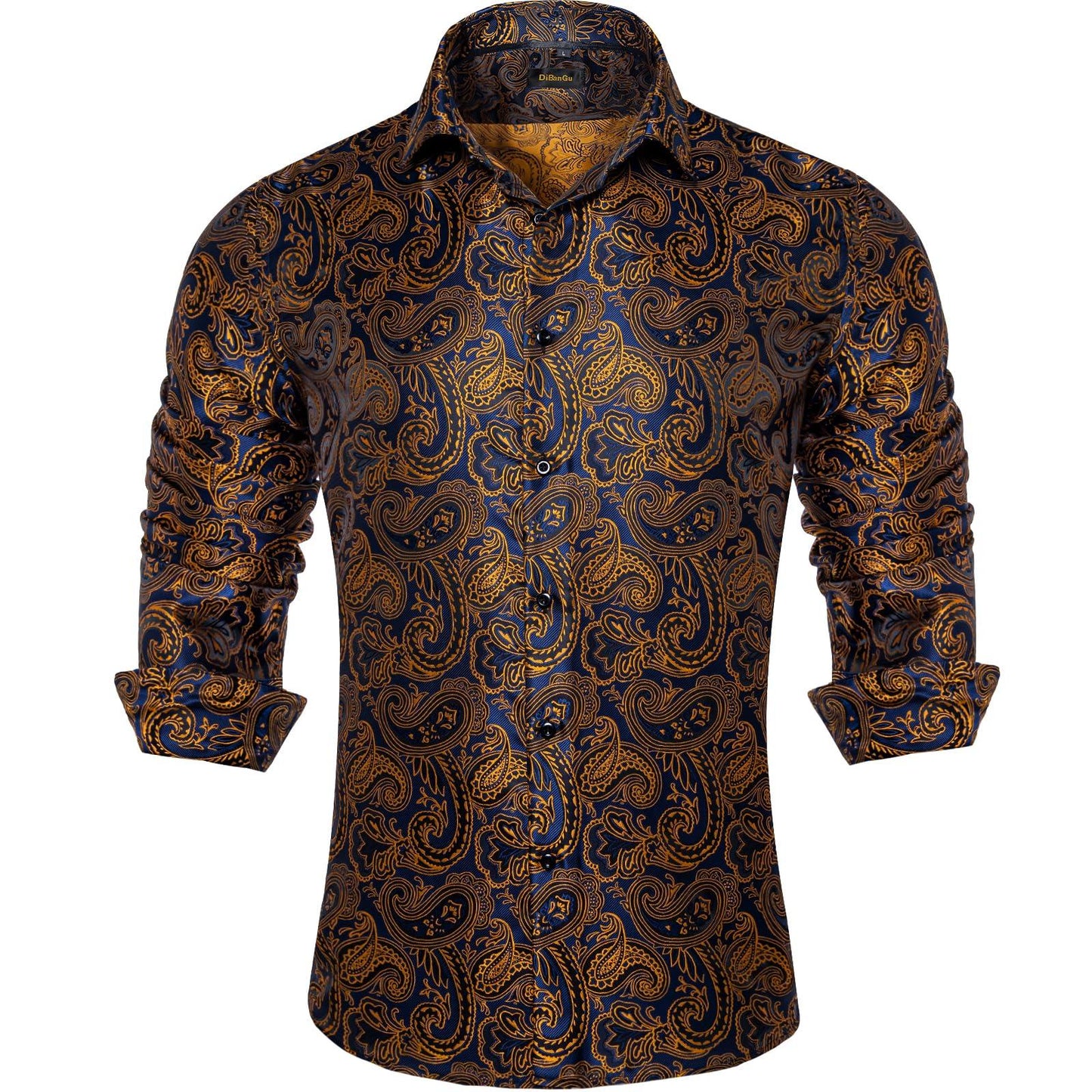 DiBanGu Mens Silk Paisley Dress Shirts,Long Sleeve Button Down Shirt Casual Regular Fit Shirt for Men Wedding Party