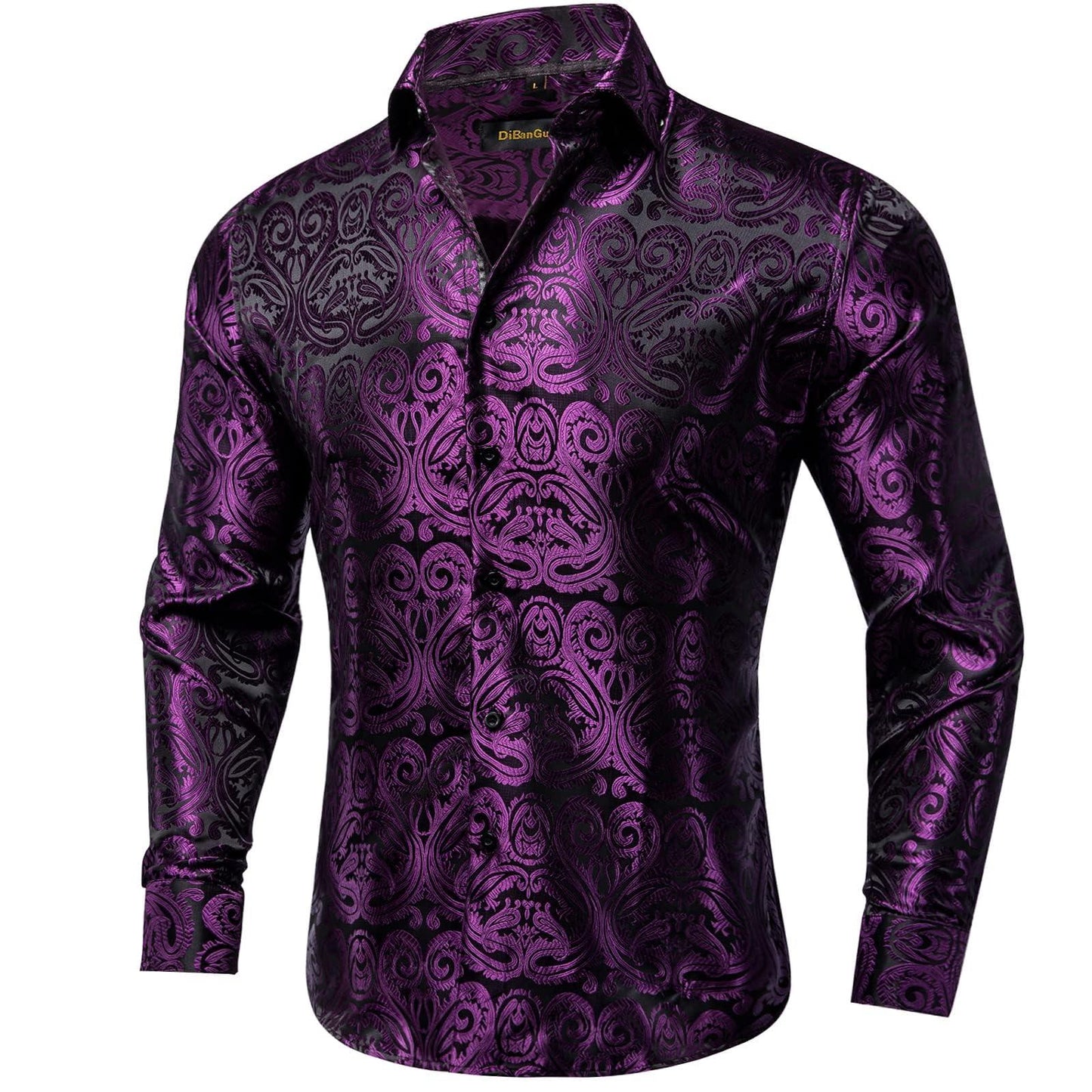 DiBanGu Mens Silk Paisley Dress Shirts,Long Sleeve Button Down Shirt Casual Regular Fit Shirt for Men Wedding Party