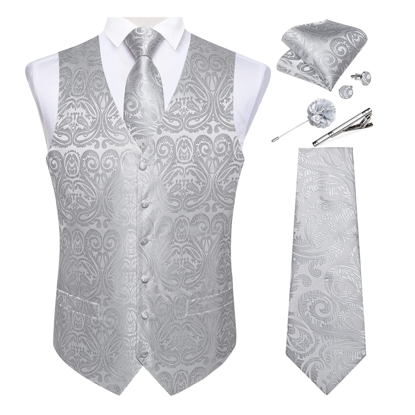 DiBanGu Mens Vest and Tie Set Formal Paisley Waistcoat and Necktie Pocket Square Cufflinks Silk Suit Vest for Tuxedo Wedding