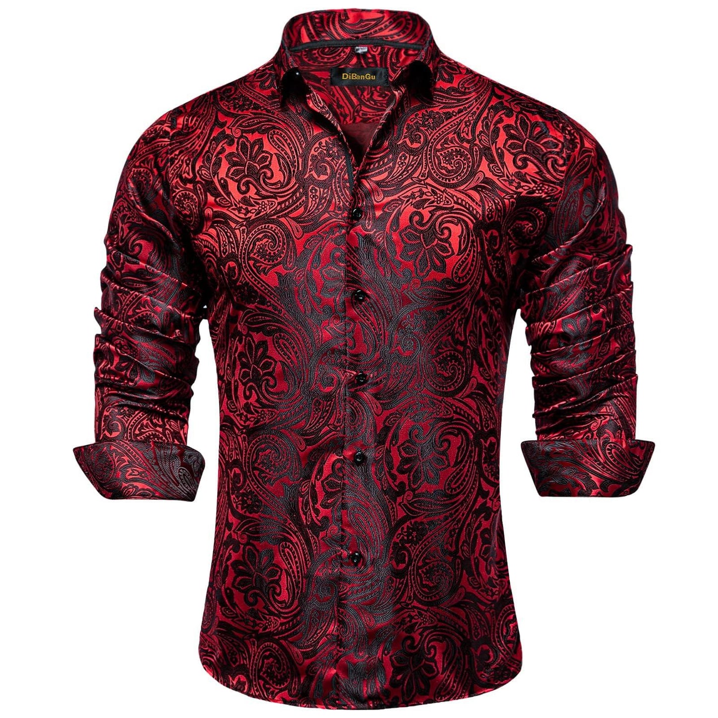 DiBanGu Mens Silk Paisley Dress Shirts,Long Sleeve Button Down Shirt Casual Regular Fit Shirt for Men Wedding Party