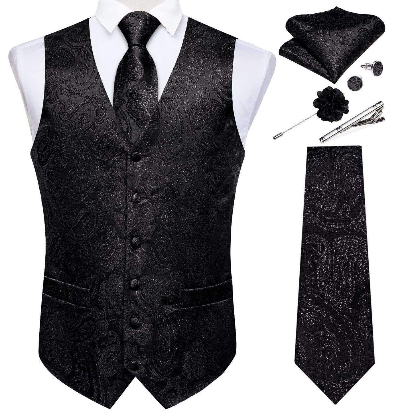 DiBanGu Mens Vest and Tie Set Formal Paisley Waistcoat and Necktie Pocket Square Cufflinks Silk Suit Vest for Tuxedo Wedding