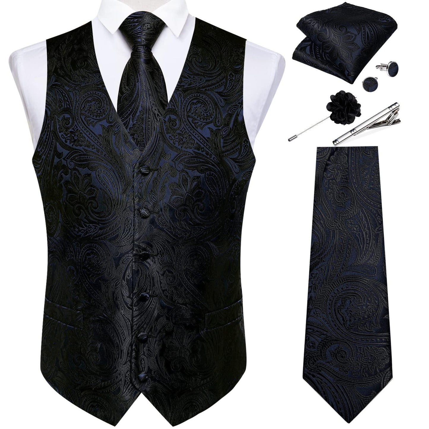 DiBanGu Mens Vest and Tie Set Formal Paisley Waistcoat and Necktie Pocket Square Cufflinks Silk Suit Vest for Tuxedo Wedding