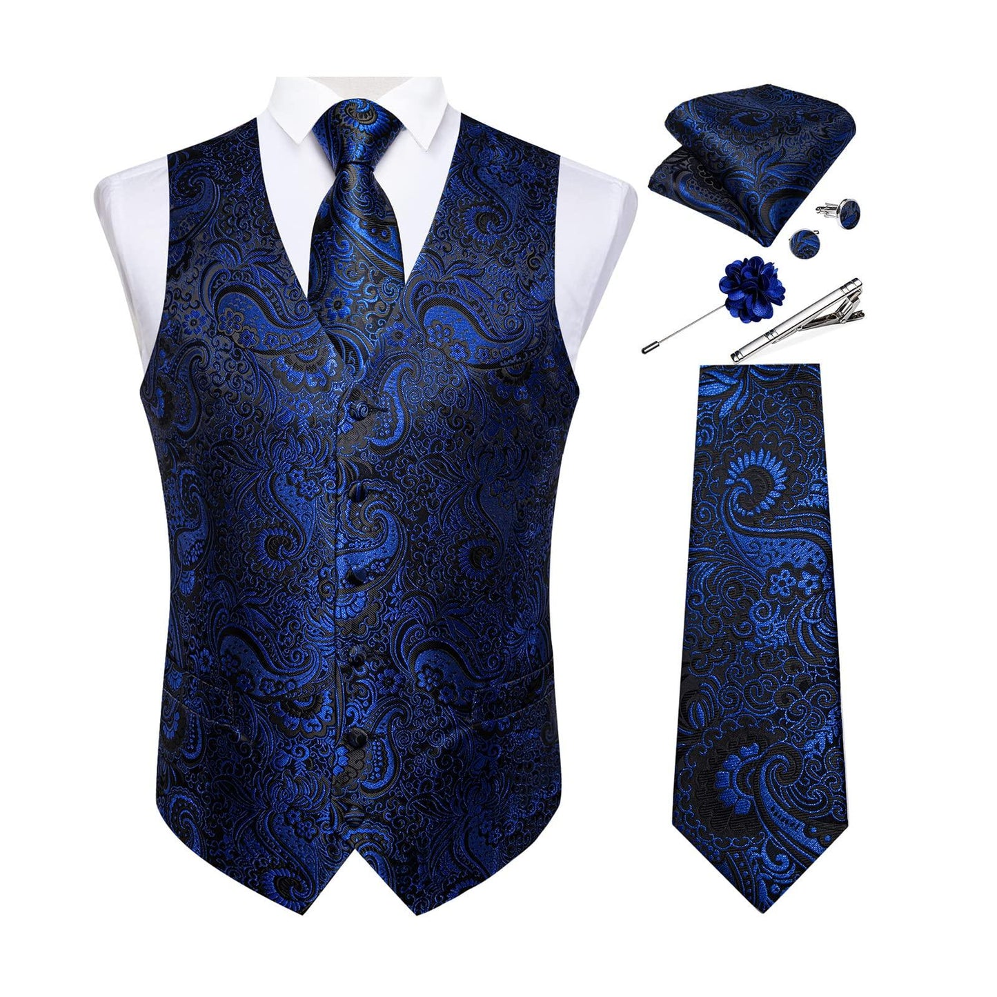 DiBanGu Mens Vest and Tie Set Formal Paisley Waistcoat and Necktie Pocket Square Cufflinks Silk Suit Vest for Tuxedo Wedding