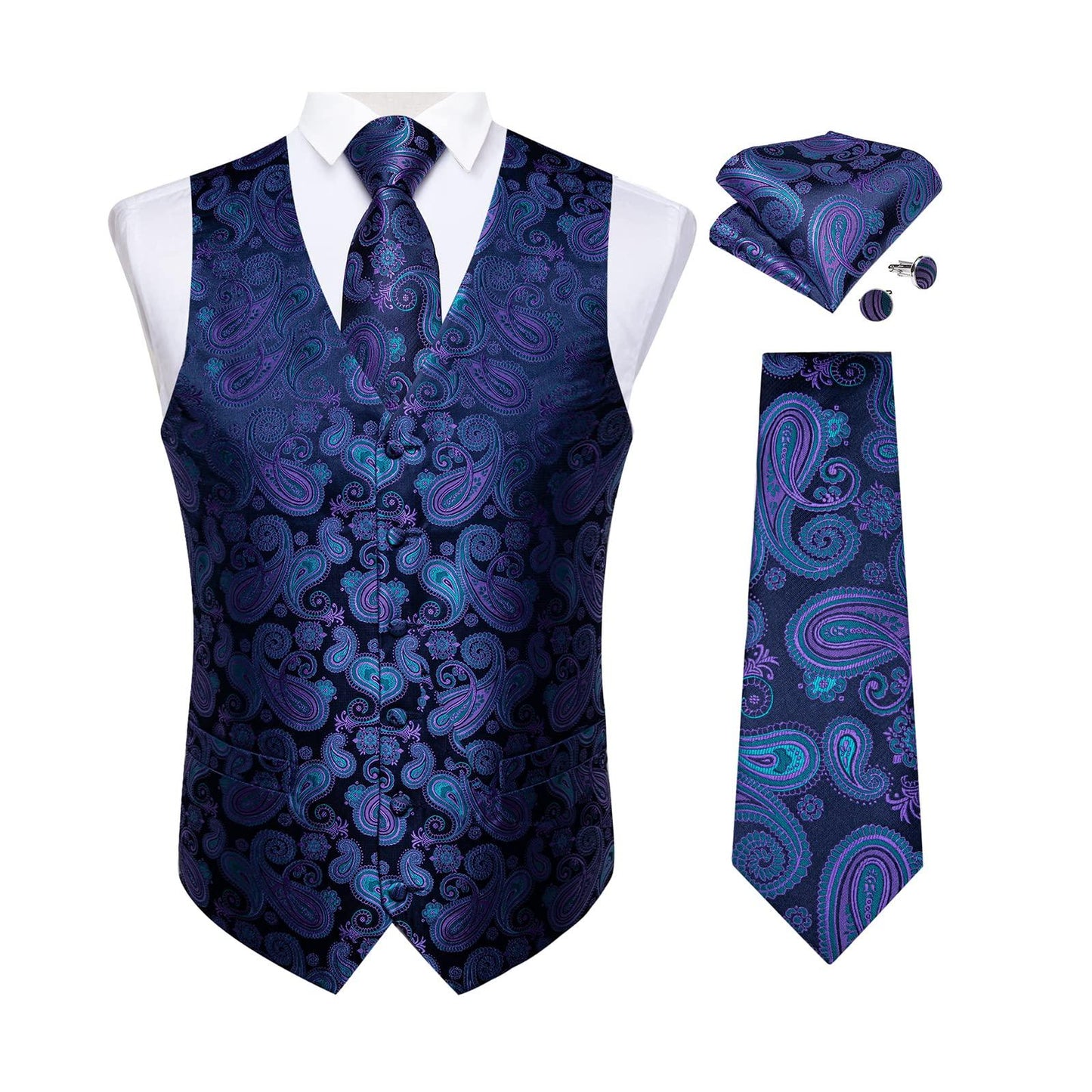 DiBanGu Mens Vest and Tie Set Formal Paisley Waistcoat and Necktie Pocket Square Cufflinks Silk Suit Vest for Tuxedo Wedding