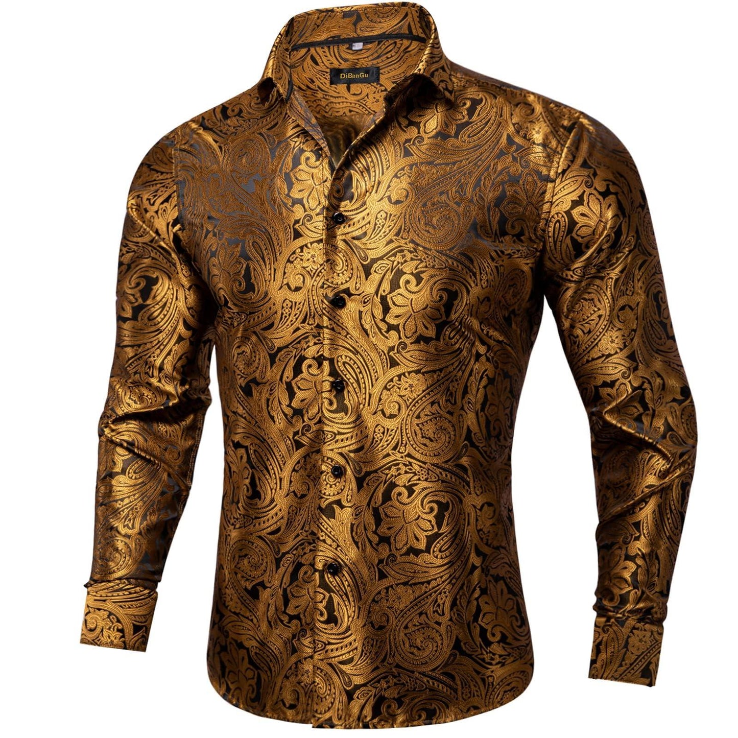 DiBanGu Mens Silk Paisley Dress Shirts,Long Sleeve Button Down Shirt Casual Regular Fit Shirt for Men Wedding Party