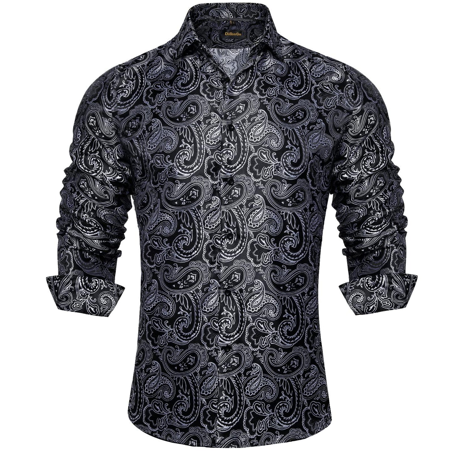 DiBanGu Mens Silk Paisley Dress Shirts,Long Sleeve Button Down Shirt Casual Regular Fit Shirt for Men Wedding Party