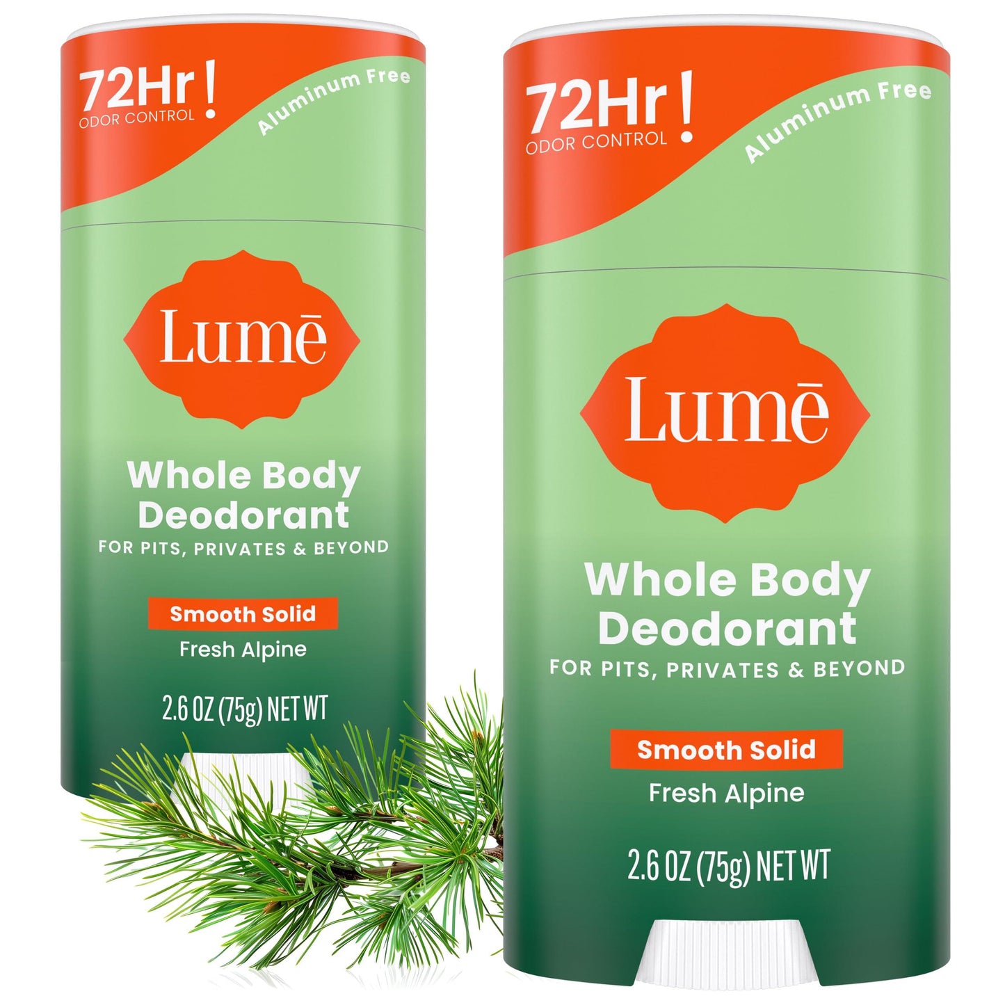 Lume Whole Body Deodorant - Smooth Solid Stick - 72 Hour Odor Control - Aluminum Free, Baking Soda Free and Skin Safe - 2.6 Ounce (Pack of 2) (Clean Tangerine)