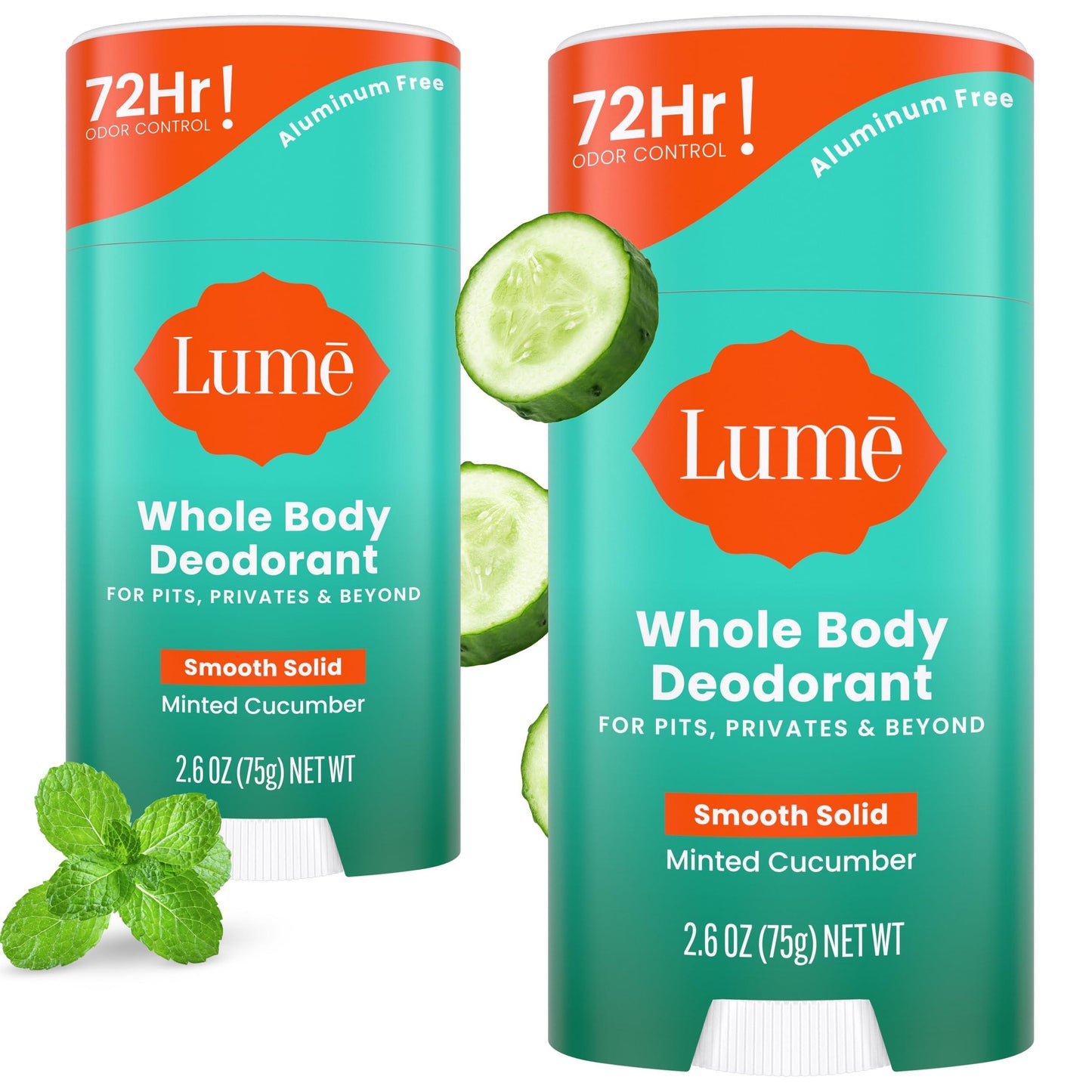 Lume Whole Body Deodorant - Smooth Solid Stick - 72 Hour Odor Control - Aluminum Free, Baking Soda Free and Skin Safe - 2.6 Ounce (Pack of 2) (Clean Tangerine)