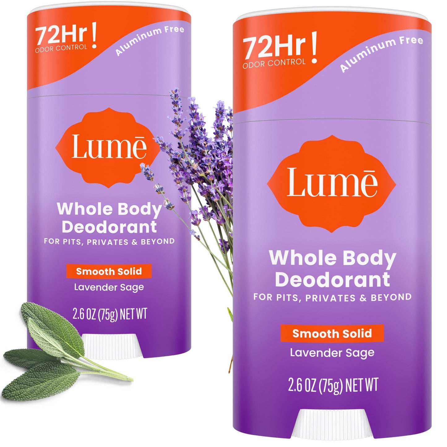 Lume Whole Body Deodorant - Smooth Solid Stick - 72 Hour Odor Control - Aluminum Free, Baking Soda Free and Skin Safe - 2.6 Ounce (Pack of 2) (Clean Tangerine)