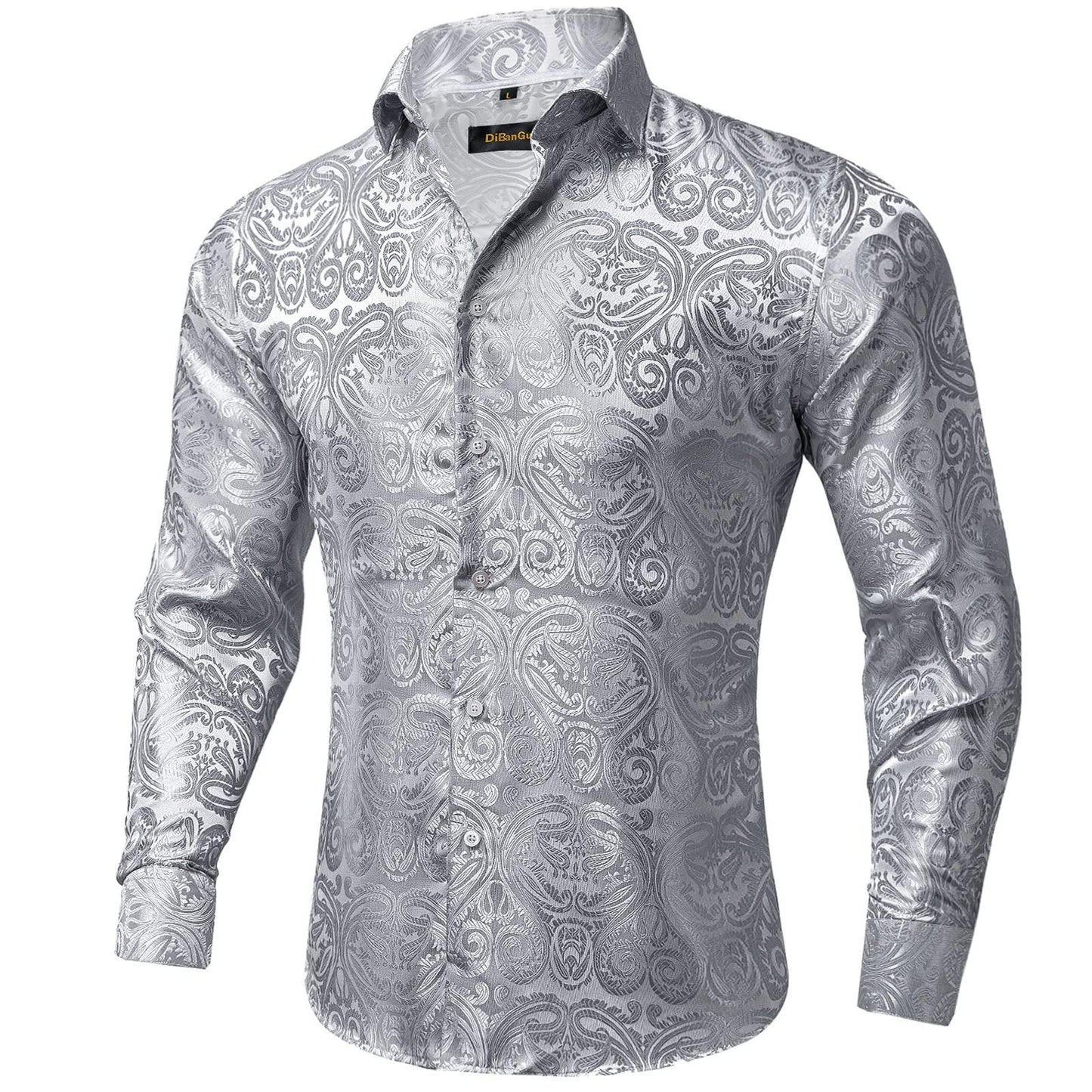 DiBanGu Mens Silk Paisley Dress Shirts,Long Sleeve Button Down Shirt Casual Regular Fit Shirt for Men Wedding Party