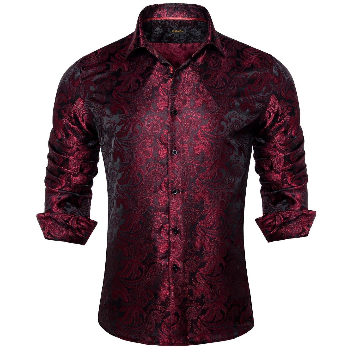 DiBanGu Mens Silk Paisley Dress Shirts,Long Sleeve Button Down Shirt Casual Regular Fit Shirt for Men Wedding Party