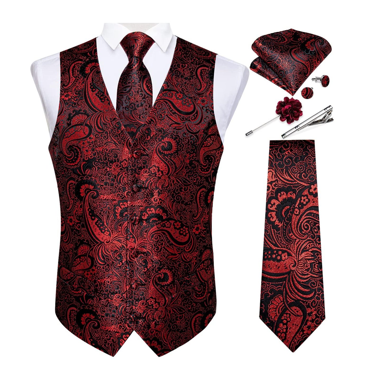 DiBanGu Mens Vest and Tie Set Formal Paisley Waistcoat and Necktie Pocket Square Cufflinks Silk Suit Vest for Tuxedo Wedding