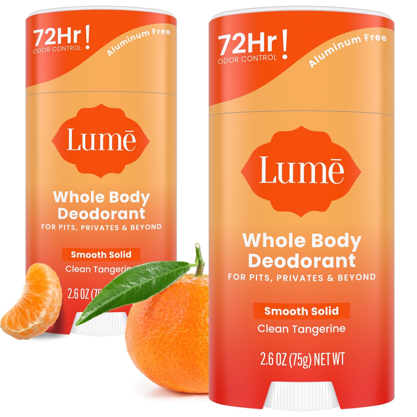 Lume Whole Body Deodorant - Smooth Solid Stick - 72 Hour Odor Control - Aluminum Free, Baking Soda Free and Skin Safe - 2.6 Ounce (Pack of 2) (Clean Tangerine)