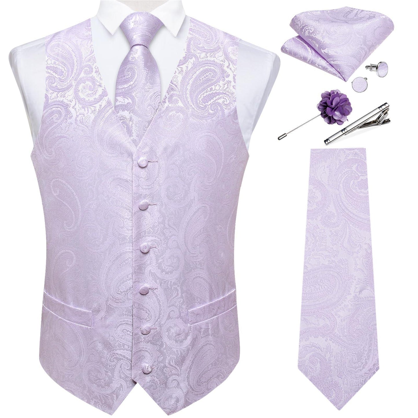 DiBanGu Mens Vest and Tie Set Formal Paisley Waistcoat and Necktie Pocket Square Cufflinks Silk Suit Vest for Tuxedo Wedding