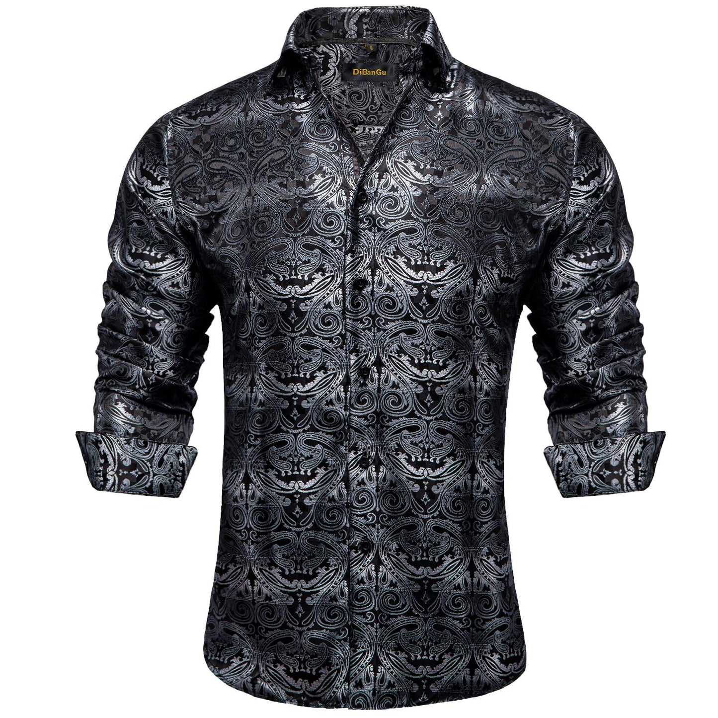 DiBanGu Mens Silk Paisley Dress Shirts,Long Sleeve Button Down Shirt Casual Regular Fit Shirt for Men Wedding Party