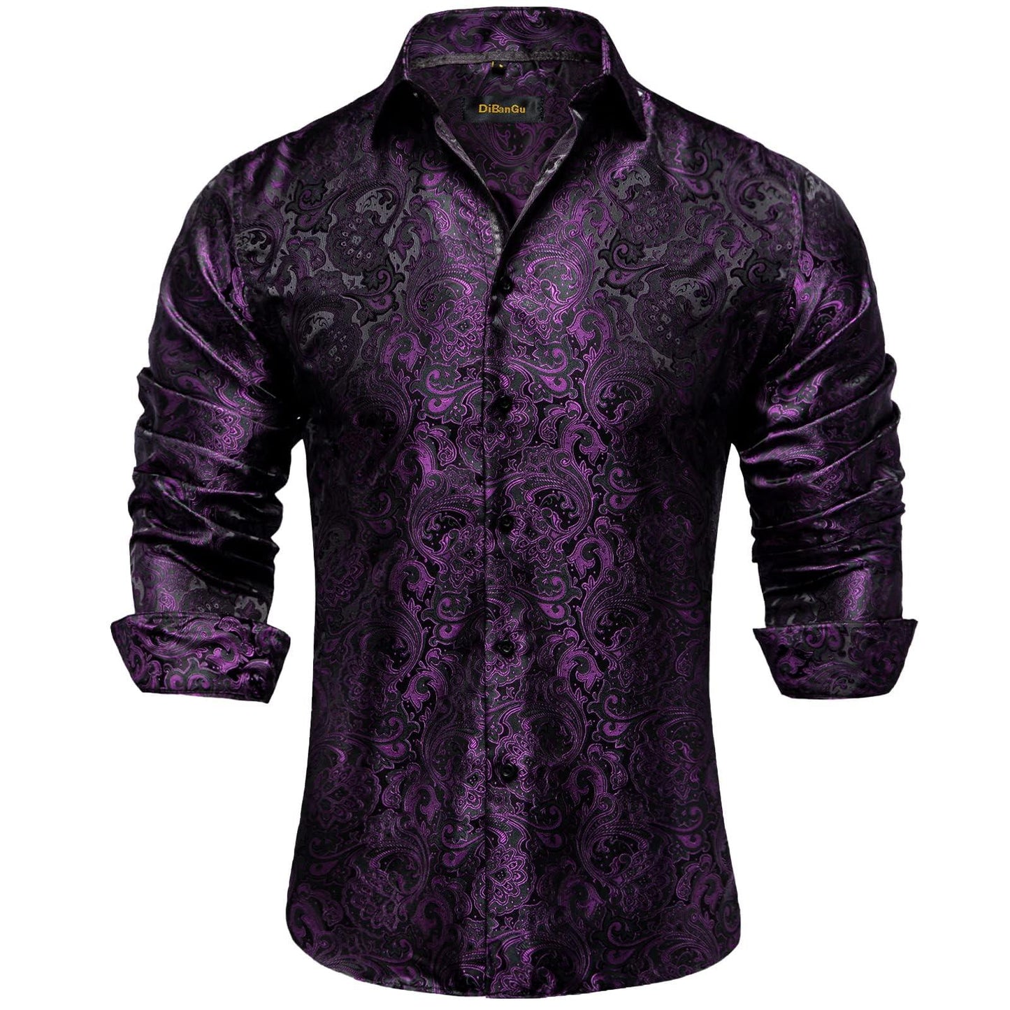 DiBanGu Mens Silk Paisley Dress Shirts,Long Sleeve Button Down Shirt Casual Regular Fit Shirt for Men Wedding Party