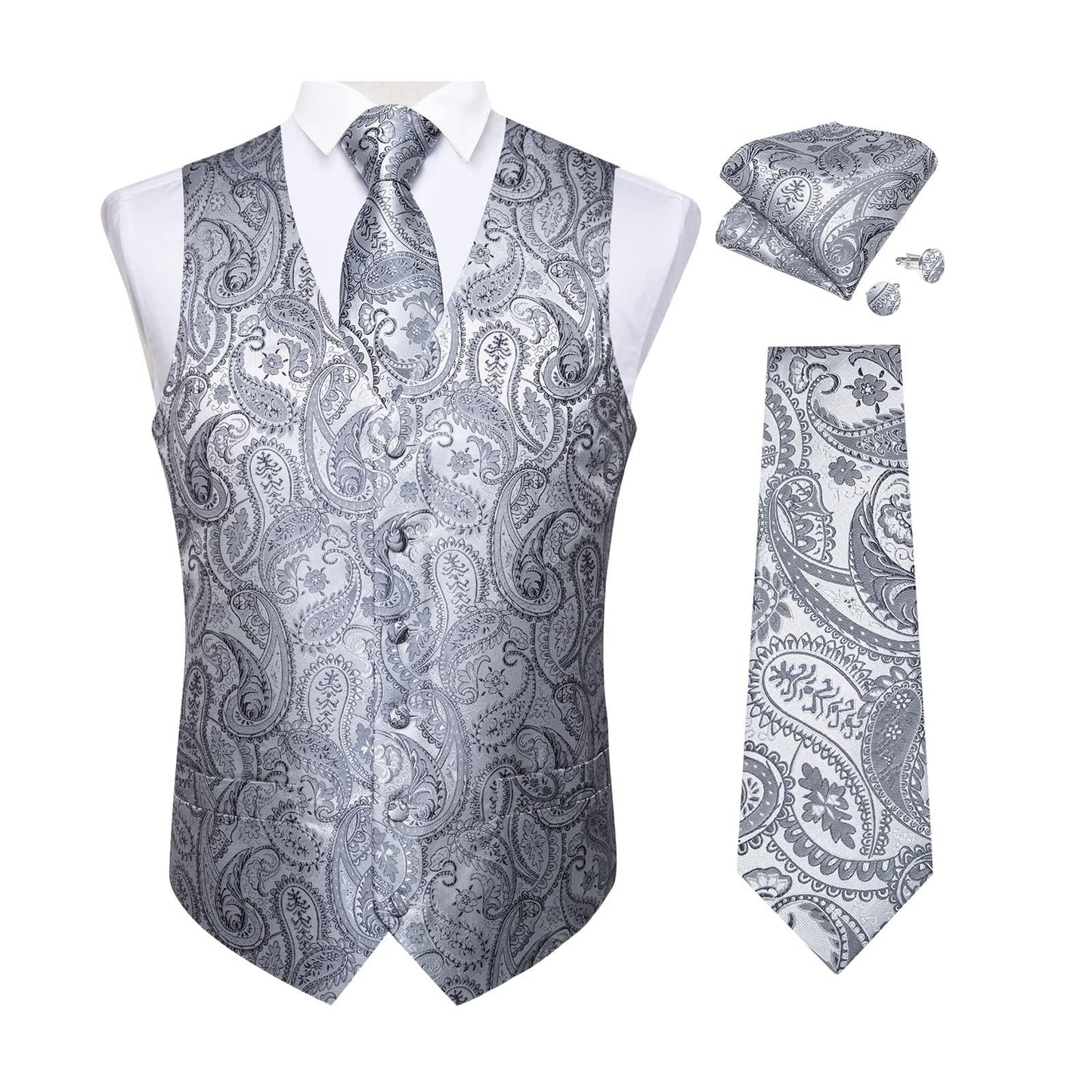 DiBanGu Mens Vest and Tie Set Formal Paisley Waistcoat and Necktie Pocket Square Cufflinks Silk Suit Vest for Tuxedo Wedding