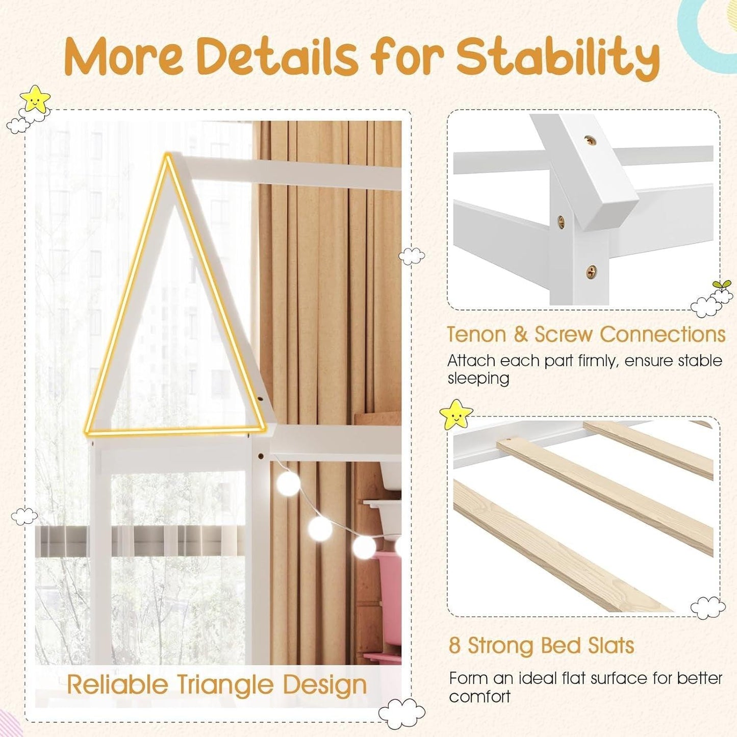 Twin House Bed, Wood Montessori Bed Frame with House Roof Canopy, Low