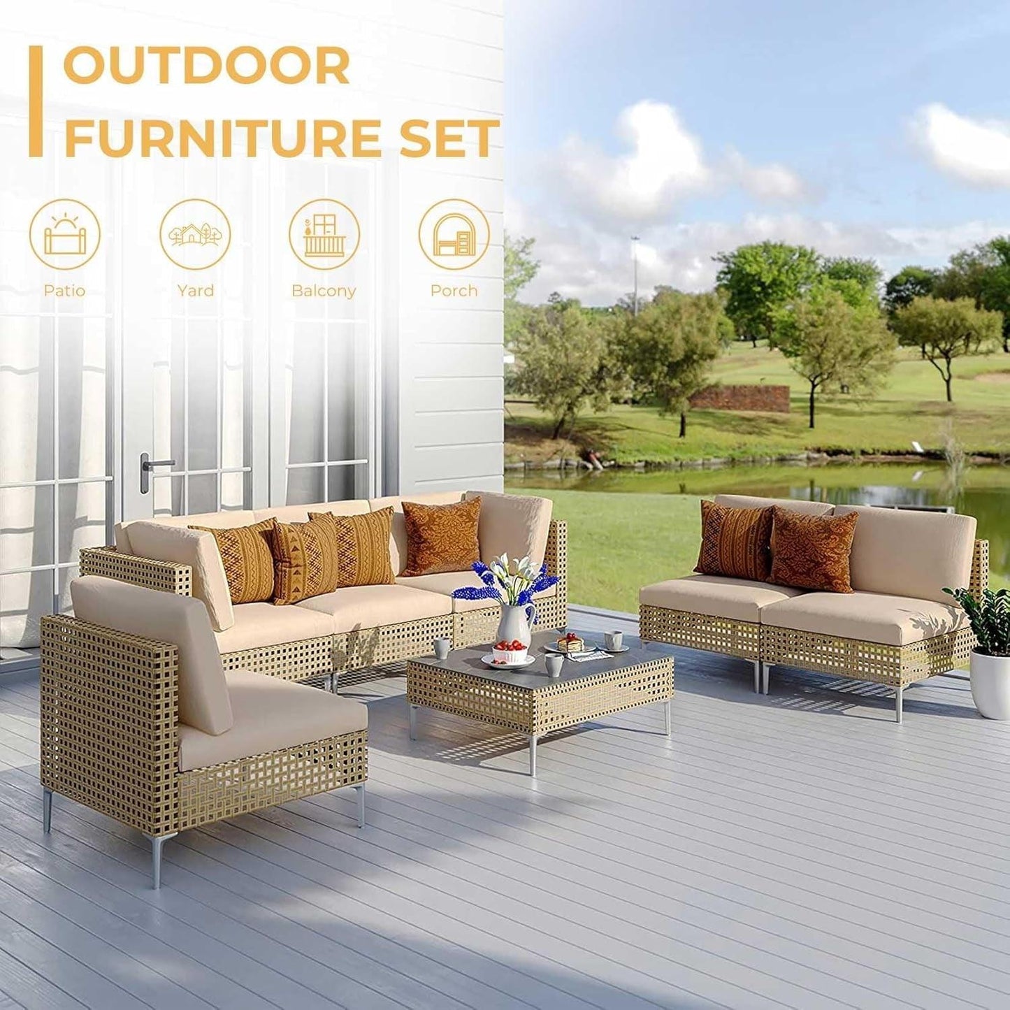 7-Piece Wicker Patio Furniture Set, Boho Outdoor Conversation Set