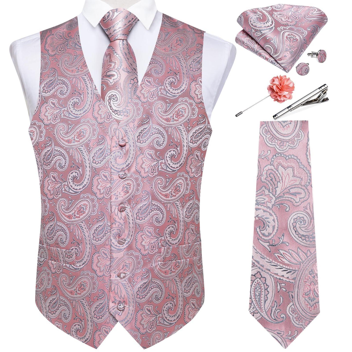 DiBanGu Mens Vest and Tie Set Formal Paisley Waistcoat and Necktie Pocket Square Cufflinks Silk Suit Vest for Tuxedo Wedding