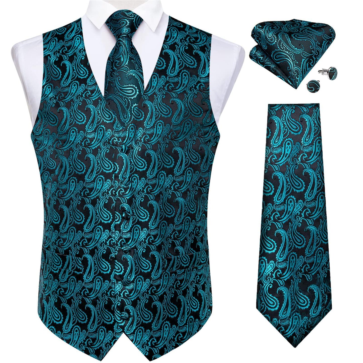 DiBanGu Mens Vest and Tie Set Formal Paisley Waistcoat and Necktie Pocket Square Cufflinks Silk Suit Vest for Tuxedo Wedding