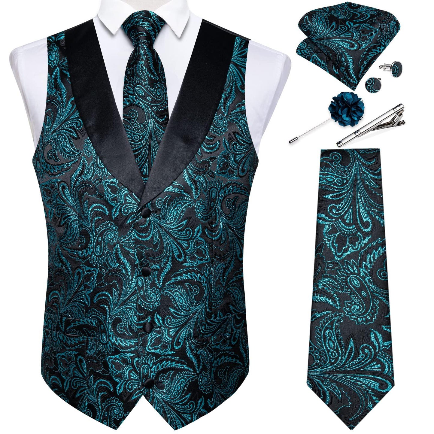 DiBanGu Mens Vest and Tie Set Formal Paisley Waistcoat and Necktie Pocket Square Cufflinks Silk Suit Vest for Tuxedo Wedding