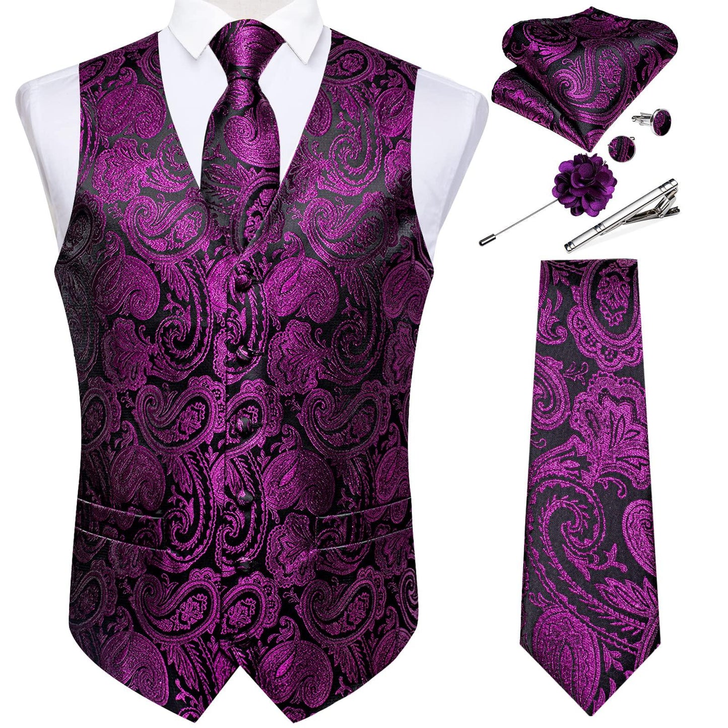 DiBanGu Mens Vest and Tie Set Formal Paisley Waistcoat and Necktie Pocket Square Cufflinks Silk Suit Vest for Tuxedo Wedding