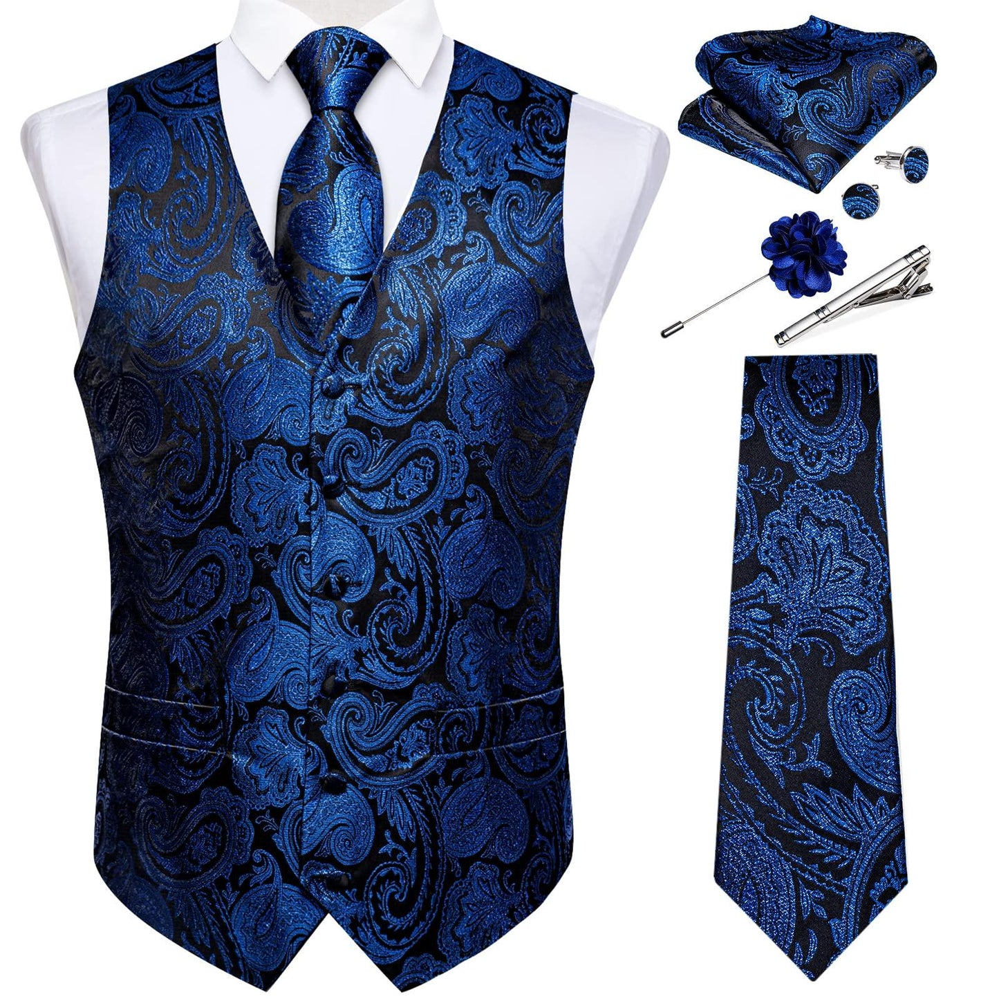 DiBanGu Mens Vest and Tie Set Formal Paisley Waistcoat and Necktie Pocket Square Cufflinks Silk Suit Vest for Tuxedo Wedding