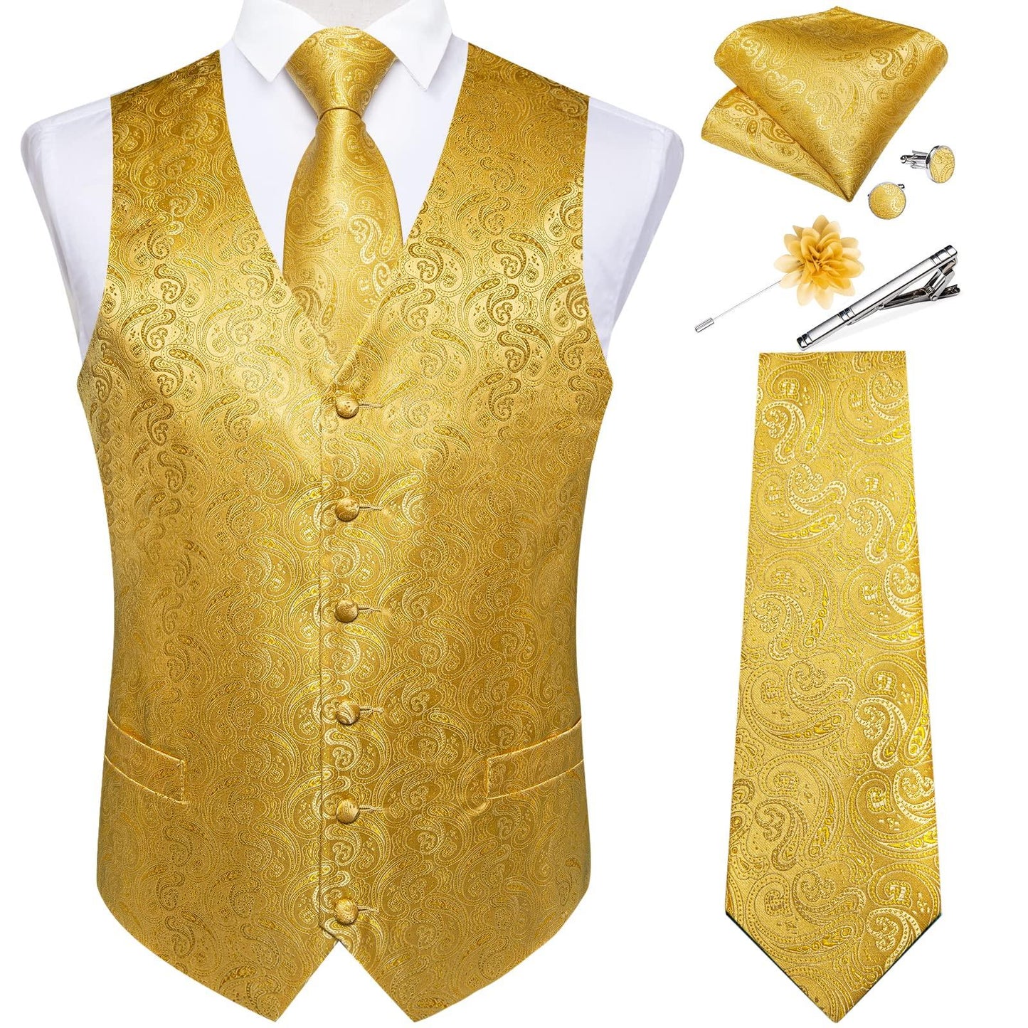 DiBanGu Mens Vest and Tie Set Formal Paisley Waistcoat and Necktie Pocket Square Cufflinks Silk Suit Vest for Tuxedo Wedding