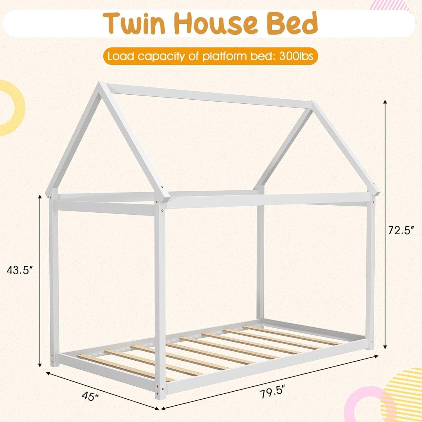 Twin House Bed, Wood Montessori Bed Frame with House Roof Canopy, Low