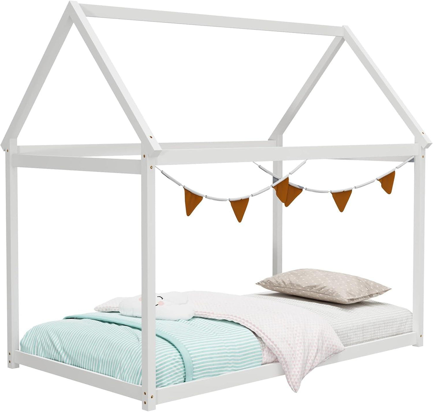 Twin House Bed, Wood Montessori Bed Frame with House Roof Canopy, Low