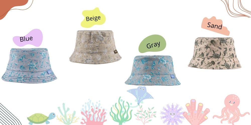 Gorro de pescador para bebé con estampado de vida marina, animales marinos y temática náutica