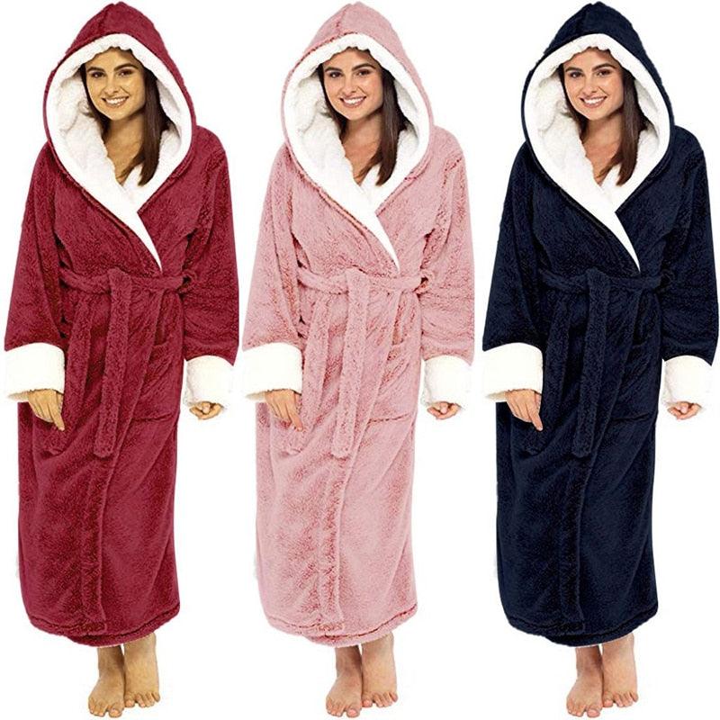 Bathrobe Long Sleeved Bathrobe Hooded Plush Robe Women Shawl  long