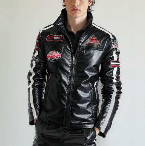 Chaqueta de cuero vegano para motociclistas con insignias para hombre