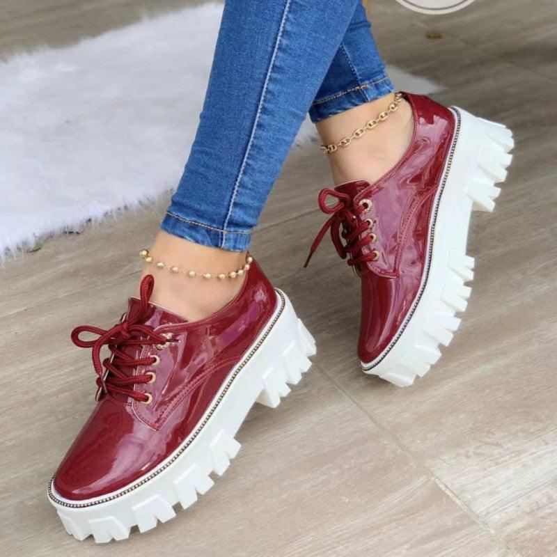 Zapatos Oxford de mujer con plataforma plana y tacón grueso en negro, rojo y rosa 