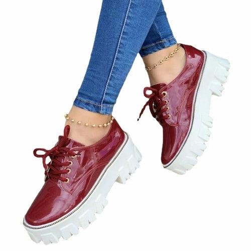 Zapatos Oxford de mujer con plataforma plana y tacón grueso en negro, rojo y rosa 