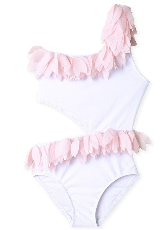 White Side Cut Swimsuit with Pink Petals