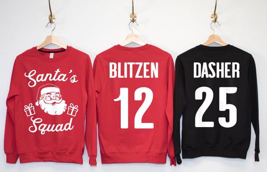 Sudadera navideña personalizada de SANTA'S SQUAD con cuello redondo: elige tu nombre y