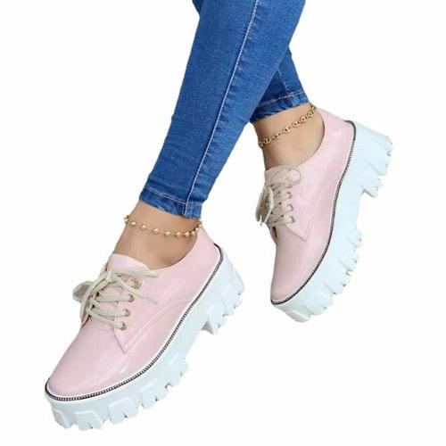 Zapatos Oxford de mujer con plataforma plana y tacón grueso en color rosa, rojo y negro 