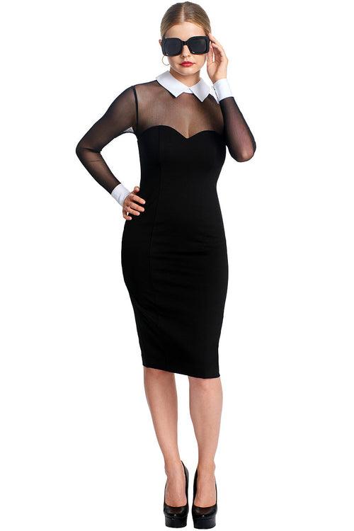 Tuxedo Illusion Dress - Black & white midi dress with mesh sleeves,