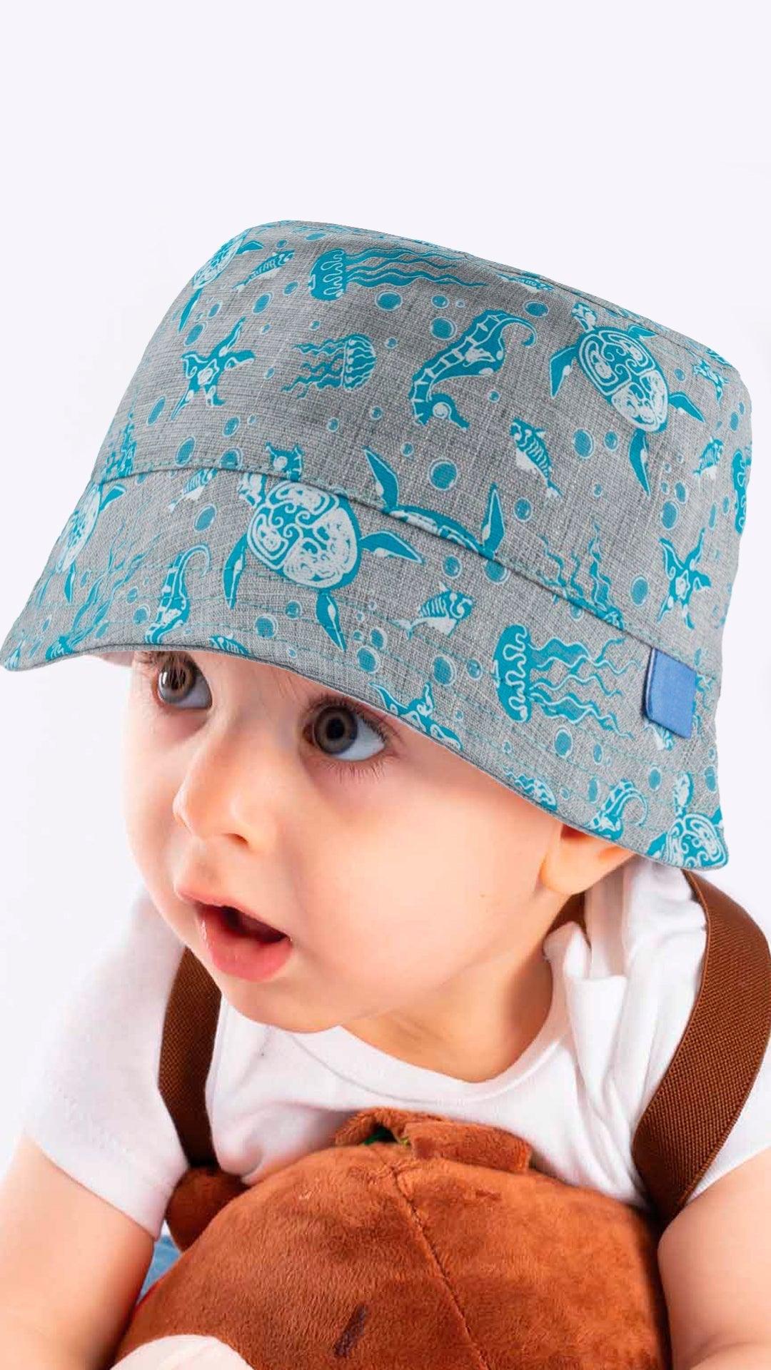 Gorro de pescador para bebé con estampado de vida marina, animales marinos y temática náutica