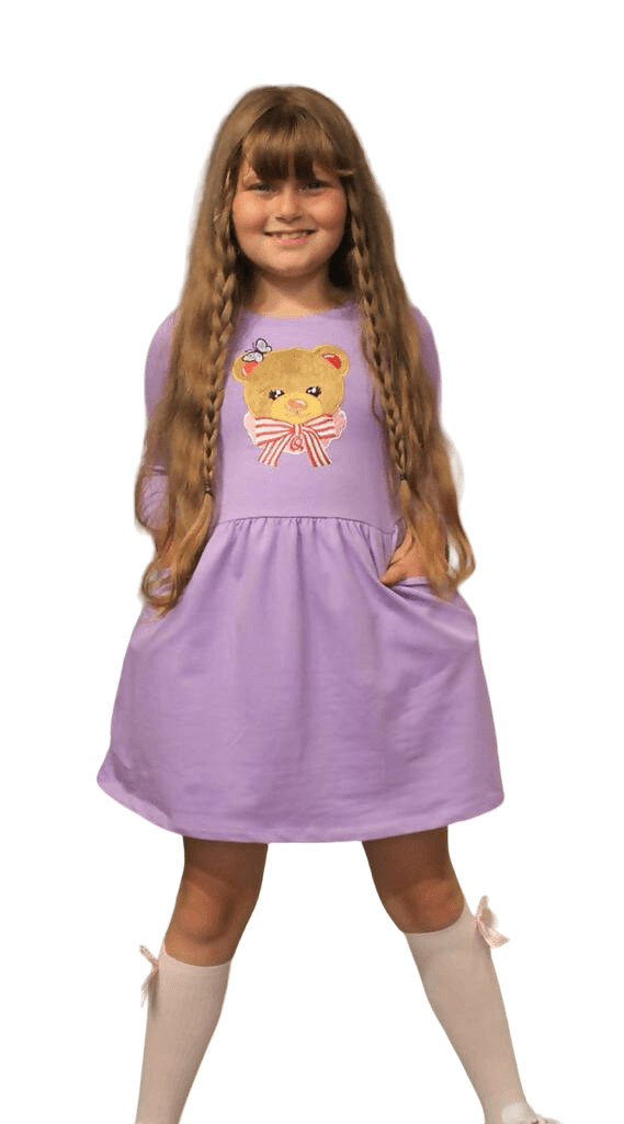 Vestido de niña de manga larga con aplique de osito de piel suave