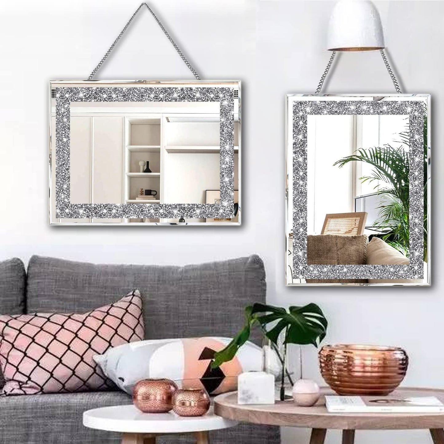 Juego de espejos de pared decorativos con diseño de diamantes Silver Crush