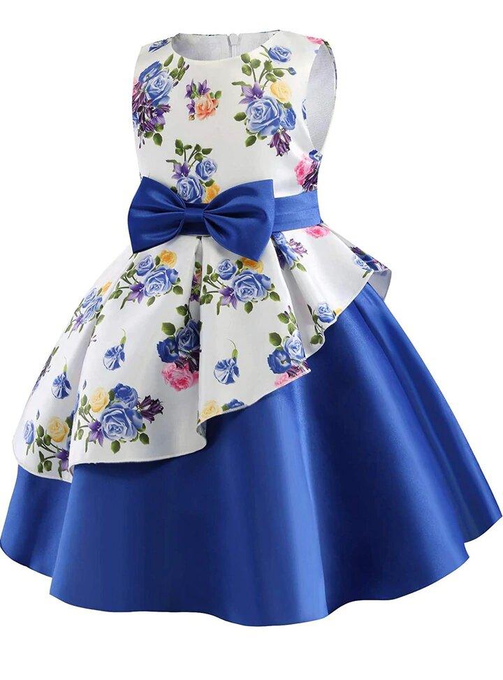 Floral Printed Frock Blue Dress For Baby Girl's & Girl's  Size 3-4