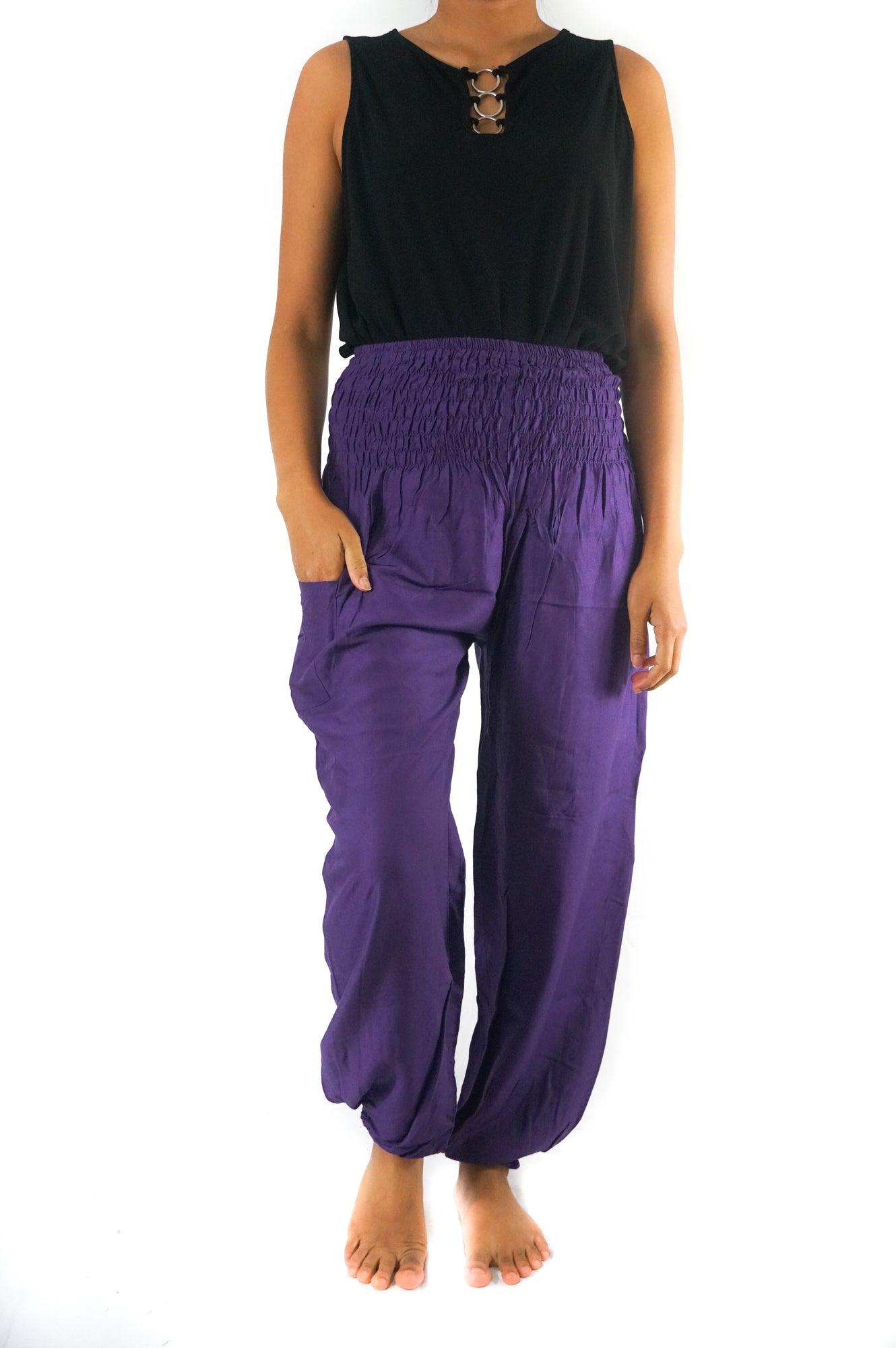 Pantalones bohemios morados para mujer, pantalones hippies, pantalones de yoga, pantalones harén